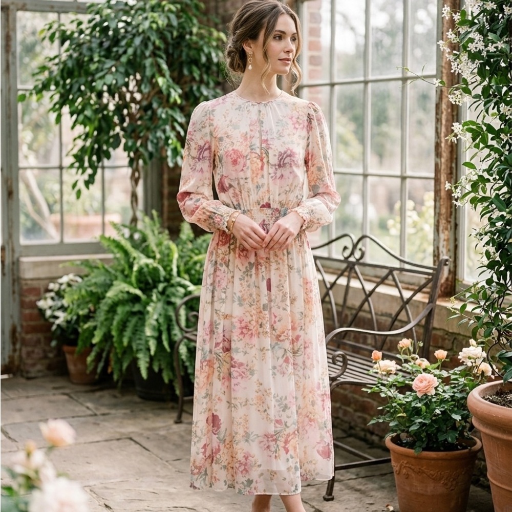 Zara Most Elegant Floral Long Sleeve Midi Dress - Pink Floral